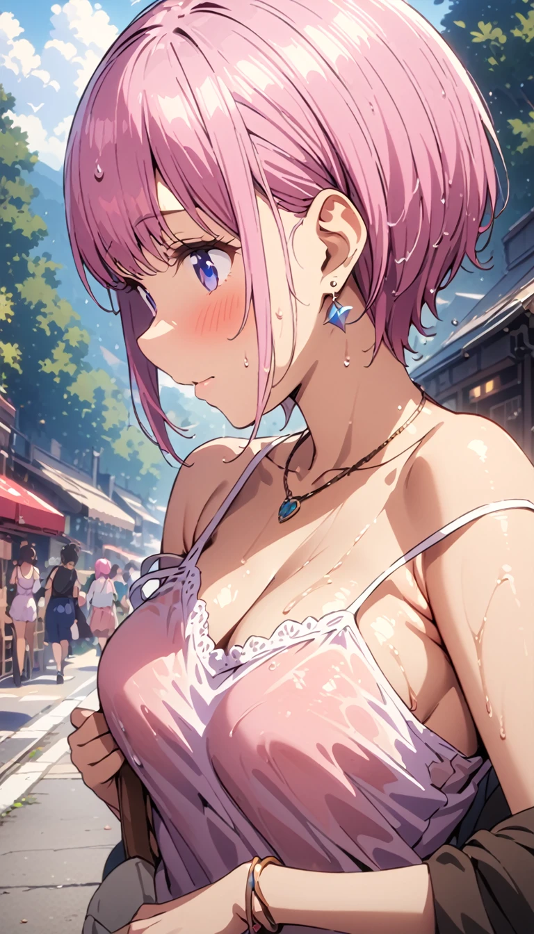 (Highest quality, 4K, 8k, High resolution, masterpiece:1.2), Very detailed, Picturesque, Animated Photography, Photo Animation:1.37)、after the rain、Japanese schoolgirl、(Pink Hair)、(Pixie Cut)、wet camisole dress、strap slip、wet hair、Earrings、necklace、bracelet、Carry a backpack、white mule、nipplsNakano Ichika
