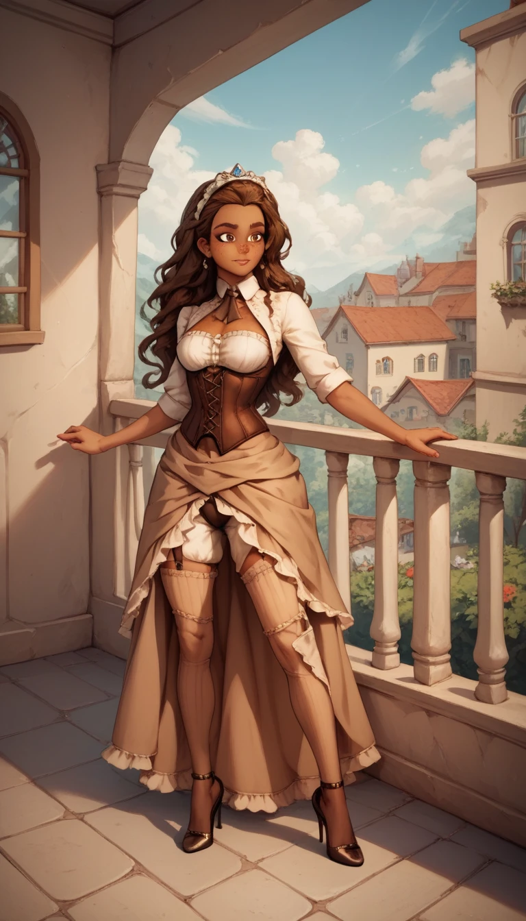 high definition, franimel, dress, hair untill hips, brown skin, brown eyes, freckles, breasts, corset, bloomers, Garterbelt, black fabric, wearing the garterbelt, brown stockings, high heels, full body, playing with hair, standing in a balcony