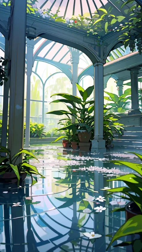 (top quality, masterpiece, ultra-realistic), rainy day, raining, wet ground, puddle, indoor botanical garden, dome, lots of flow...