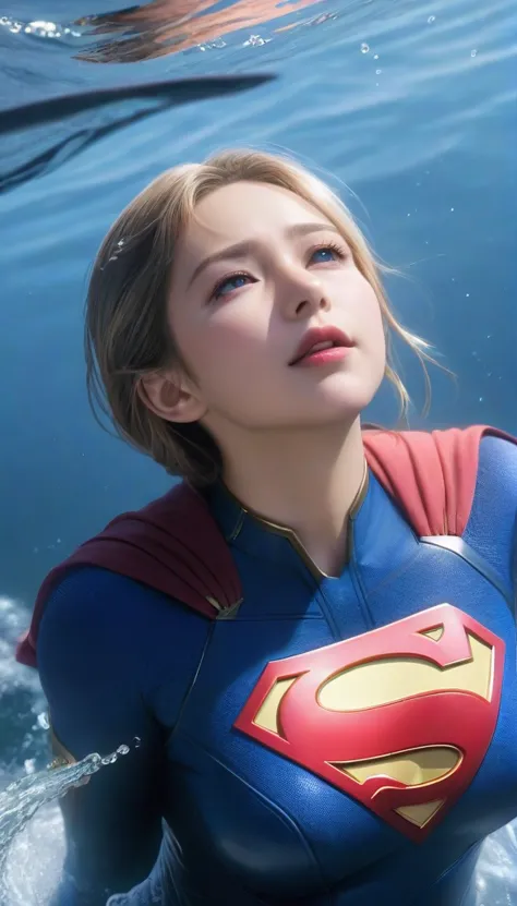 (masterpiece,highest quality,ultra_detailed,high resolution,absurdists:1.2), supergirlof costume, a girl in the water、eyes close...