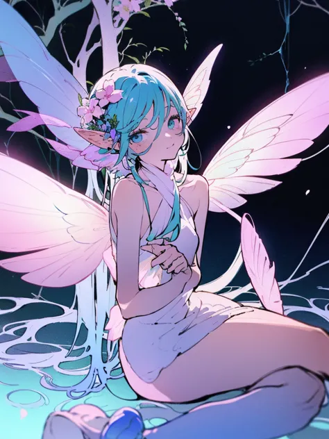 araffe fairy sitting on a flower with a fairy wings on her back, smile, happy, looking at viewer, fairycore, ethereal fairytale,...