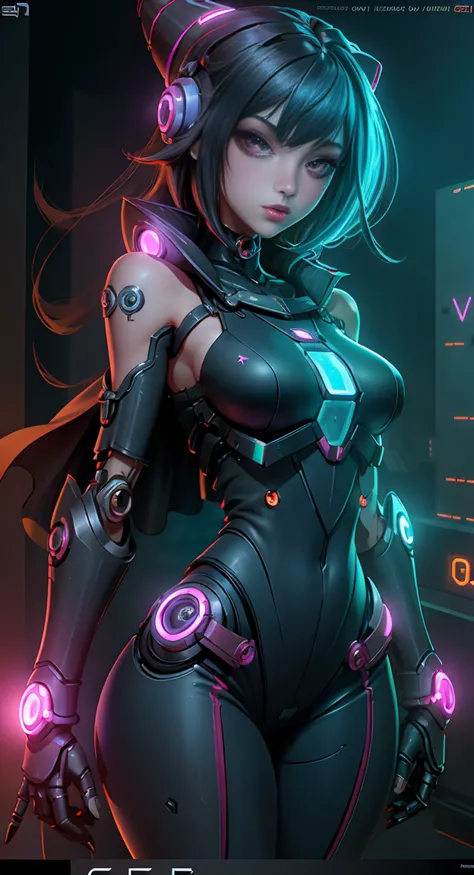 dark wizard girls. leech mechanical body，bit girl，cartoonish，q version，robotic arm，ray tracing，cg，neon light