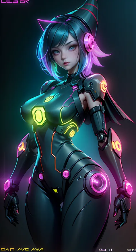 dark wizard girls. leech mechanical body，bit girl，cartoonish，q version，robotic arm，ray tracing，cg，neon light