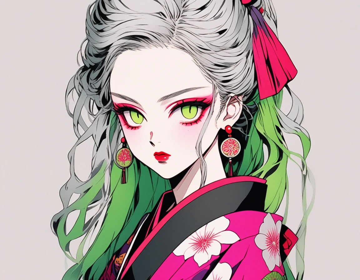 (Highest quality, sketch:1.2),Authenticistic,Illustrator,anime,1 girl, Detailed lips,custom,,Neon Hair,Texture Clipping,masterpiece, style: Retro Classic, Dark Black、Gray Hair、Silver Hair、Fair skin、Pink lips、Kimono with tank top、Red eyeshadow on the outer corner of the eye、Super Beauty、beautiful、Yellow-green eyes、Plum blossom background、A little angry face in preparation 
