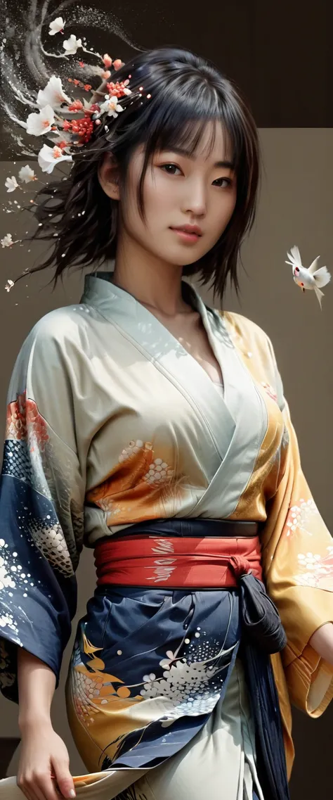 masterpiece, full body portrait best quality, beautiful woman wearing yukata, ink painting in the style of artists like russ mil...