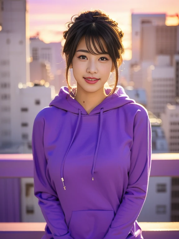 a woman in a purple hoodie poses for a picture, anime girl in real life, ilya kuvshinov. 4 k, sakimichan, girl wearing hoodie, wearing a purple sweatsuit, sakimichan hdri, misato katsuragi, 8k artgerm bokeh, pokimane, purple top