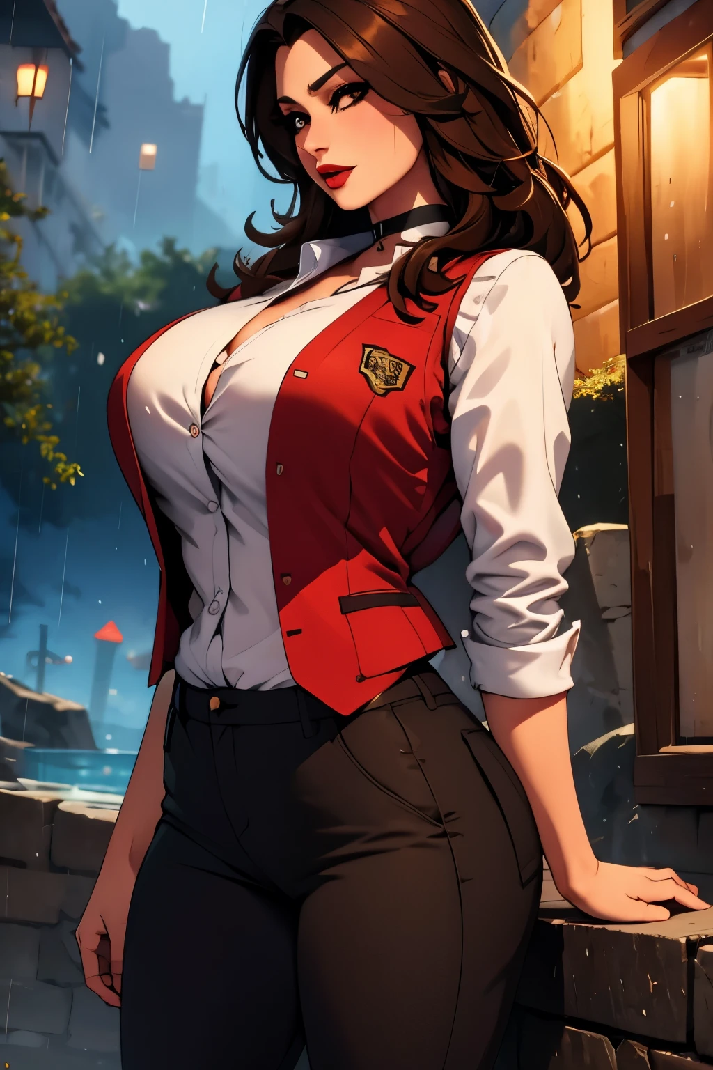 The woman, (((shirt, shirt, vest, best, pants))), Boots, Cuba in the background, jungle, rain, rain, Very detailed, Realistic long-term photography, 4k, by the wide, brown hair, By the chestnut, Red lips, choker, shocks, sexy,red lips, brown eyes, big breasts, big breasts, breasts, wet ,Lucia Auditore