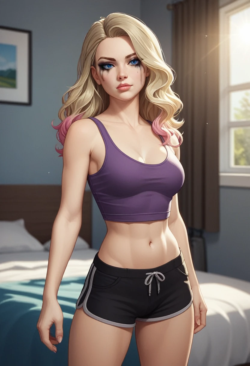 1girl, 18 years, blonde latina, dark-blonde hair, 2 tone hair, light brown hair, wavy hair, jawline, strong jaw, blue eyes, makeup, wearing copypaste makeup, thin body, slightly tan, navel, Purple tank-top, gymshorts, Standing in a bedroom, pleasant bedroom, sunlight, sun shafts, soft light