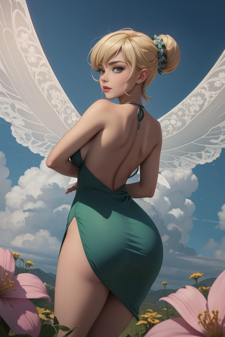 (Tinker Waifu:1), (minuscule), ssmile, sexly, naughty pose, gazing at viewer, breastsout, neckleace, single hair bun, shorth hair, (green dress without straps:1), (fairy wings naughty), (foco nos breastsout:1.2), From  above, (realisitic:1.2), (Reality), (Masterpiece artwork:1.2), (best qualityer), (ultra detaild), (8k, 4K, intricate),(photo by full body:1),(photo the cowboy:1.2), (85 mm),Lumiere particles, calling, (very detailled:1.2),(face detailed:1.2), (gradients), showy,(detailedeyes:1.2),(detailed back ground),detailed landscape, (dynamic angle:1.2), (dynamic pose:1.2), (rule of third's composition:1.3), (Line of action:1.2), General plan, Lumiere, standing alone, sexly, show skin, (lying on a flower, ventail), body shining, lying in the center of a huge flower, 