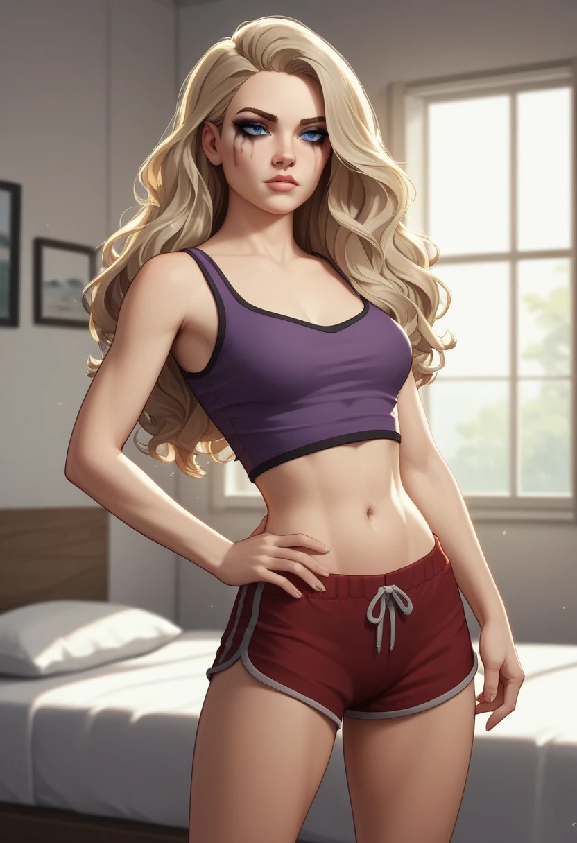 1girl, 18 years, blonde latina, dark-blonde hair, 2 tone hair, light brown hair, wavy hair, jawline, strong jaw, blue eyes, makeup, wearing copypaste makeup, thin body, slightly tan, navel, Purple tank-top, gymshorts, Standing in a bedroom showing off butt, pleasant bedroom, sunlight, sun shafts, soft light