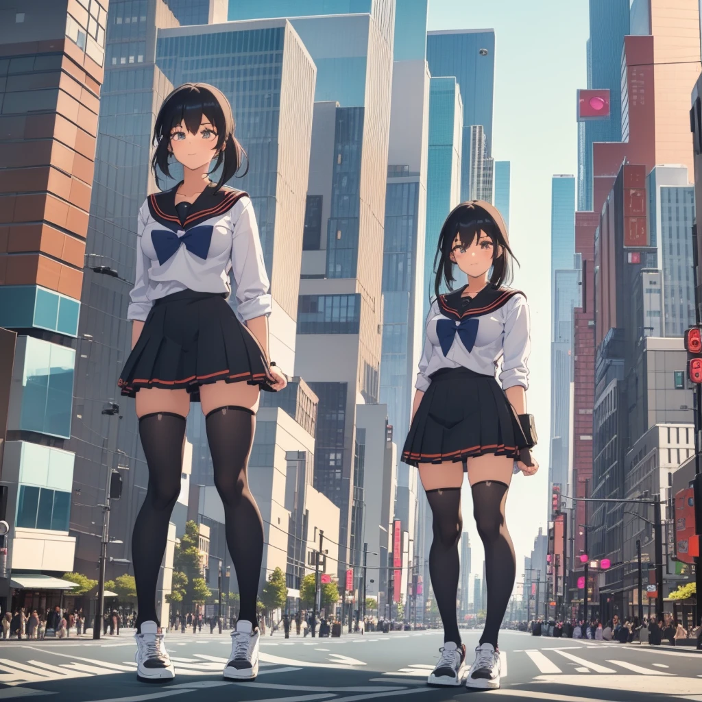  ((Two giant high school girls standing on the road) ) Composition seen from below, true sunset, sunset, evening, masterpiece Anime style Delicate painting 4K 90's Huge Multiple crowd Crowd in a big city Lots of people ) (( Sailor Uniform)) ((School Uniform)) ((Big City)), ((Tokyo Akihabara Electric Town)), Big Breasts, High School Girl, Transparent Costume, Sweaty, Splashes, Sneakers, Watch, Black Hair, Smile, Female Titan Giant Girl Full Body Crowd Unreal Engine, Cleavage, Image, Earrings, Cute Photo, Beauty, Analog Style, Full Body, Sneakers, GTS, Giant Female Giant, Building Valley Girl, Skyscraper City, Big City, GTS , Giant Female Titan,