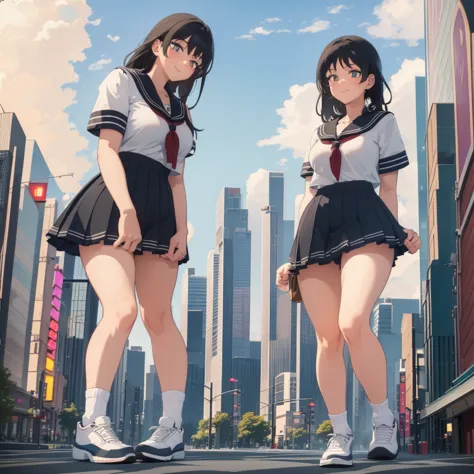 ((two giant high school girls standing on the road) ) composition seen from below, true sunset, sunset, evening, masterpiece ani...