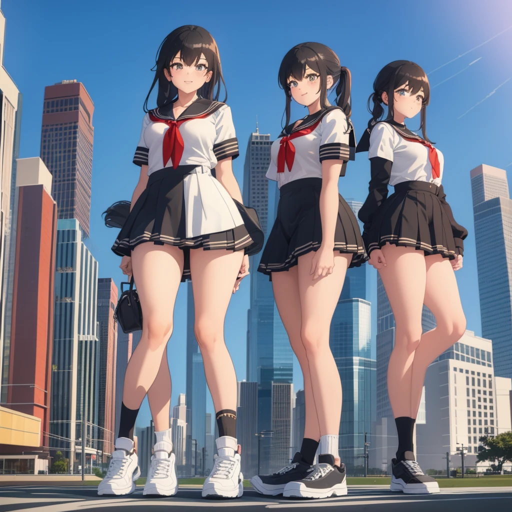  ((Two giant high school girls standing on the road) ) Composition seen from below, true sunset, sunset, evening, masterpiece Anime style Delicate painting 4K 90's Huge Multiple crowd Crowd in a big city Lots of people ) (( Sailor Uniform)) ((School Uniform)) ((Big City)), ((Tokyo Akihabara Electric Town)), Big Breasts, High School Girl, Transparent Costume, Sweaty, Splashes, Sneakers, Watch, Black Hair, Smile, Female Titan Giant Girl Full Body Crowd Unreal Engine, Cleavage, Image, Earrings, Cute Photo, Beauty, Analog Style, Full Body, Sneakers, GTS, Giant Female Giant, Building Valley Girl, Skyscraper City, Big City, GTS , Giant Female Titan,