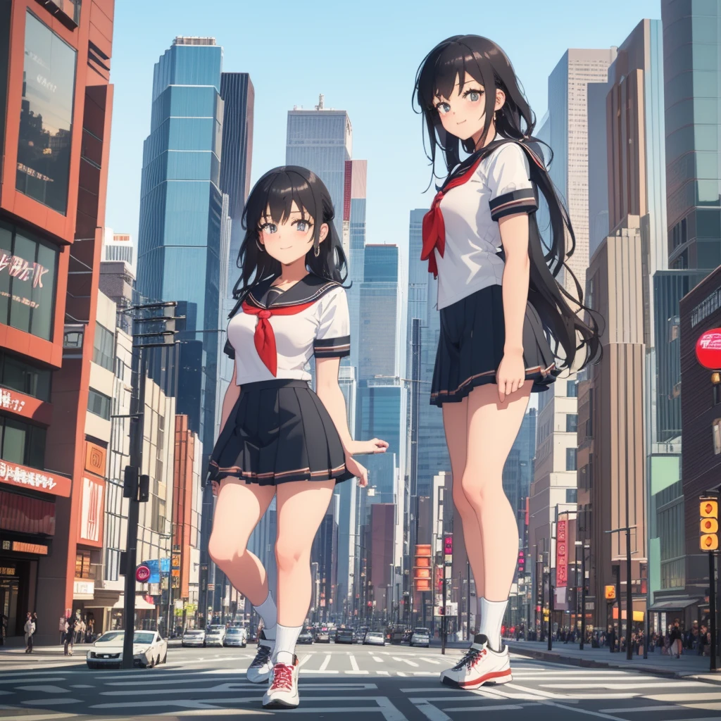  ((Two giant high school girls standing on the road) ) Composition seen from below, true sunset, sunset, evening, masterpiece Anime style Delicate painting 4K 90's Huge Multiple crowd Crowd in a big city Lots of people ) (( Sailor Uniform)) ((School Uniform)) ((Big City)), ((Tokyo Akihabara Electric Town)), Big Breasts, High School Girl, Transparent Costume, Sweaty, Splashes, Sneakers, Watch, Black Hair, Smile, Female Titan Giant Girl Full Body Crowd Unreal Engine, Cleavage, Image, Earrings, Cute Photo, Beauty, Analog Style, Full Body, Sneakers, GTS, Giant Female Giant, Building Valley Girl, Skyscraper City, Big City, GTS , Giant Female Titan,