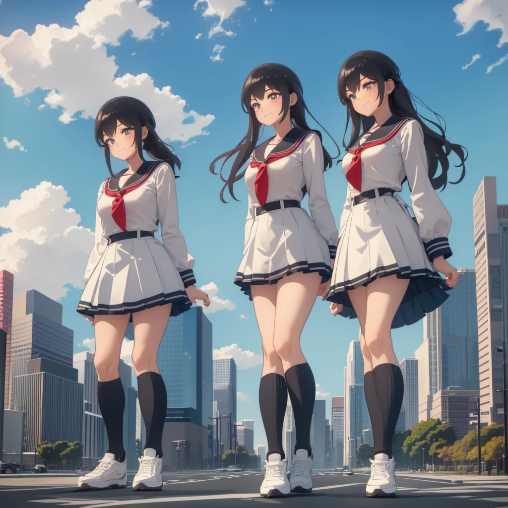  ((Two giant high school girls standing on the road) ) Composition seen from below, true sunset, sunset, evening, masterpiece Anime style Delicate painting 4K 90's Huge Multiple crowd Crowd in a big city Lots of people ) (( Sailor Uniform)) ((School Uniform)) ((Big City)), ((Tokyo Akihabara Electric Town)), Big Breasts, High School Girl, Transparent Costume, Sweaty, Splashes, Sneakers, Watch, Black Hair, Smile, Female Titan Giant Girl Full Body Crowd Unreal Engine, Cleavage, Image, Earrings, Cute Photo, Beauty, Analog Style, Full Body, Sneakers, GTS, Giant Female Giant, Building Valley Girl, Skyscraper City, Big City, GTS , Giant Female Titan,