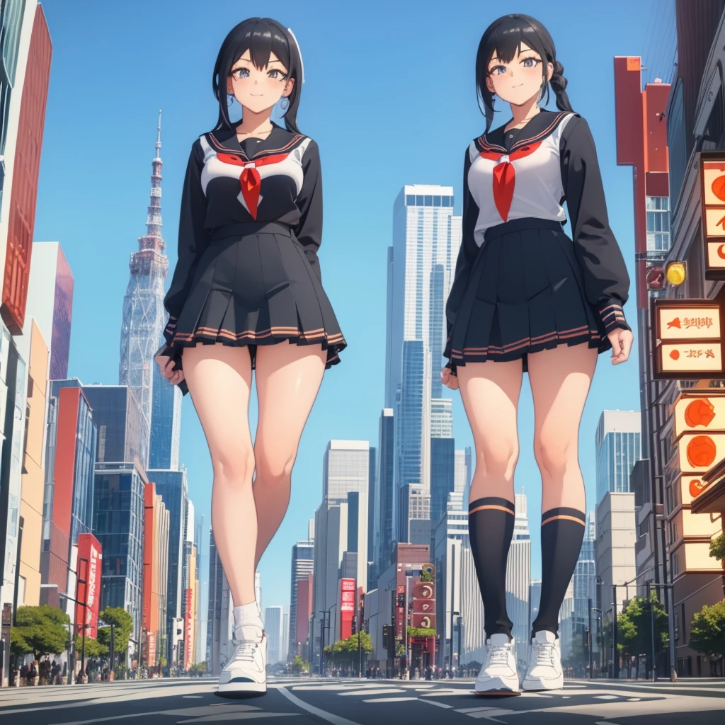  ((Two giant high school girls standing on the road) ) Composition seen from below, true sunset, sunset, evening, masterpiece Anime style Delicate painting 4K 90's Huge Multiple crowd Crowd in a big city Lots of people ) (( Sailor Uniform)) ((School Uniform)) ((Big City)), ((Tokyo Akihabara Electric Town)), Big Breasts, High School Girl, Transparent Costume, Sweaty, Splashes, Sneakers, Watch, Black Hair, Smile, Female Titan Giant Girl Full Body Crowd Unreal Engine, Cleavage, Image, Earrings, Cute Photo, Beauty, Analog Style, Full Body, Sneakers, GTS, Giant Female Giant, Building Valley Girl, Skyscraper City, Big City, GTS , Giant Female Titan,