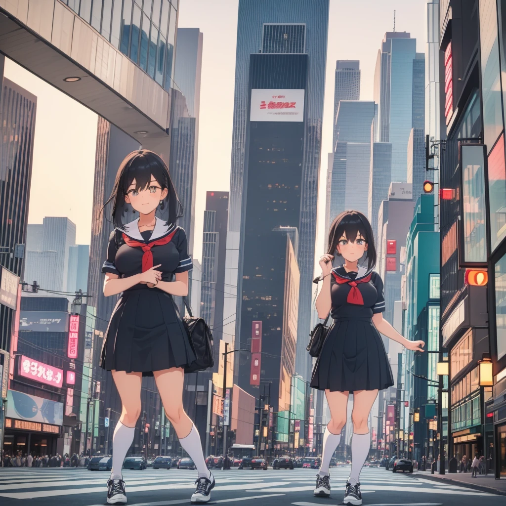  ((Two giant high school girls standing on the road) ) Composition seen from below, true sunset, sunset, evening, masterpiece Anime style Delicate painting 4K 90's Huge Multiple crowd Crowd in a big city Lots of people ) (( Sailor Uniform)) ((School Uniform)) ((Big City)), ((Tokyo Akihabara Electric Town)), Big Breasts, High School Girl, Transparent Costume, Sweaty, Splashes, Sneakers, Watch, Black Hair, Smile, Female Titan Giant Girl Full Body Crowd Unreal Engine, Cleavage, Image, Earrings, Cute Photo, Beauty, Analog Style, Full Body, Sneakers, GTS, Giant Female Giant, Building Valley Girl, Skyscraper City, Big City, GTS , Giant Female Titan,