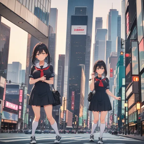 ((two giant high school girls standing on the road) ) composition seen from below, true sunset, sunset, evening, masterpiece ani...