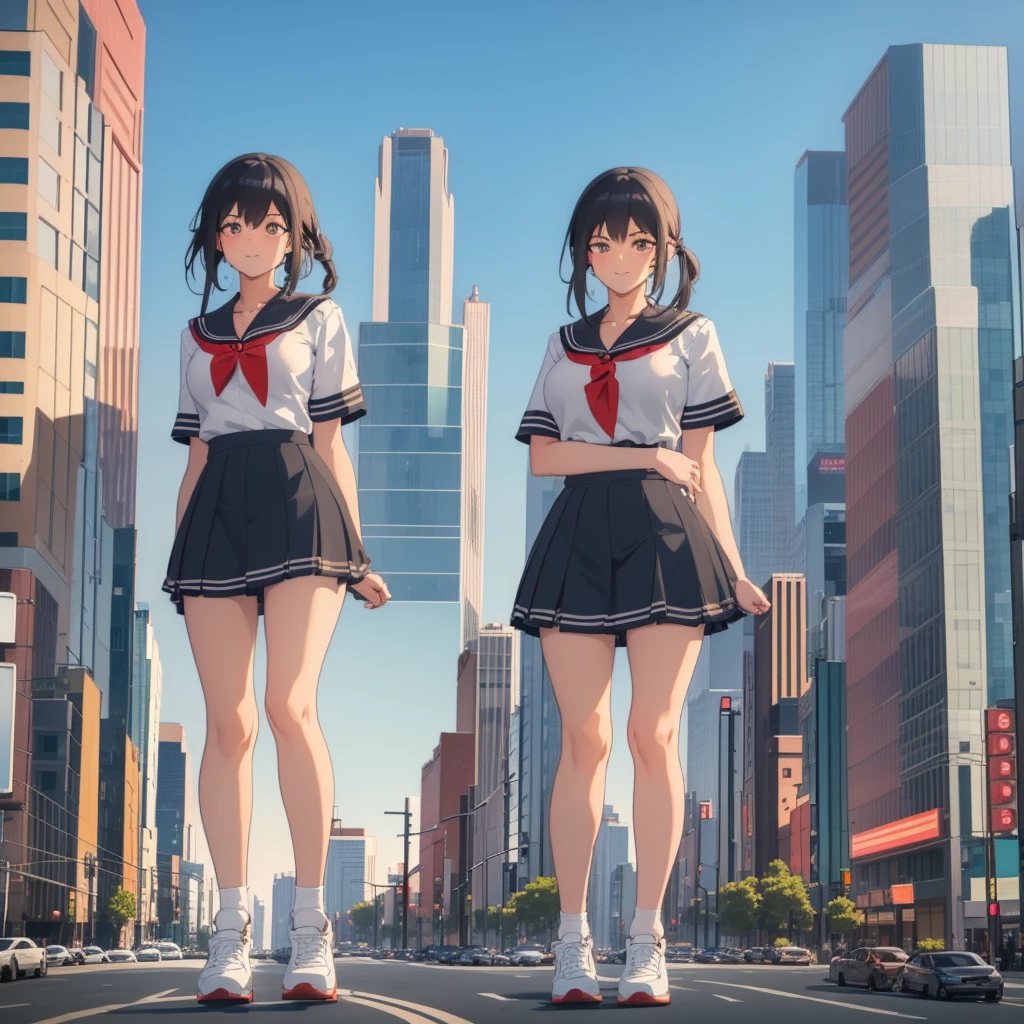  ((Two giant high school girls standing on the road) ) Composition seen from below, true sunset, sunset, evening, masterpiece Anime style Delicate painting 4K 90's Huge Multiple crowd Crowd in a big city Lots of people ) (( Sailor Uniform)) ((School Uniform)) ((Big City)), ((Tokyo Akihabara Electric Town)), Big Breasts, High School Girl, Transparent Costume, Sweaty, Splashes, Sneakers, Watch, Black Hair, Smile, Female Titan Giant Girl Full Body Crowd Unreal Engine, Cleavage, Image, Earrings, Cute Photo, Beauty, Analog Style, Full Body, Sneakers, GTS, Giant Female Giant, Building Valley Girl, Skyscraper City, Big City, GTS , Giant Female Titan,