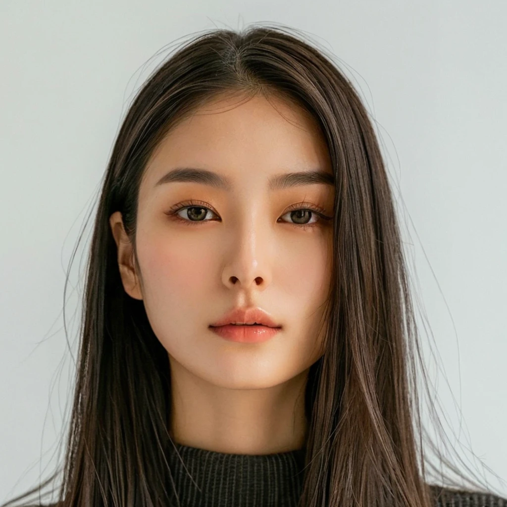 Close-up of a long-haired woman in a turtleneck sweater, Korean symmetrical face, Round-faced Southeast Asian, Korean facial features, beautiful south Korean women, gorgeous young Korean women, Young and adorable Korean face, beautiful young Korean women, Japanese Model, Asian Face, Beautiful aesthetic face, Asia&#39;s Features, Korean women, Beautiful Asian Faces, Young Asian Woman