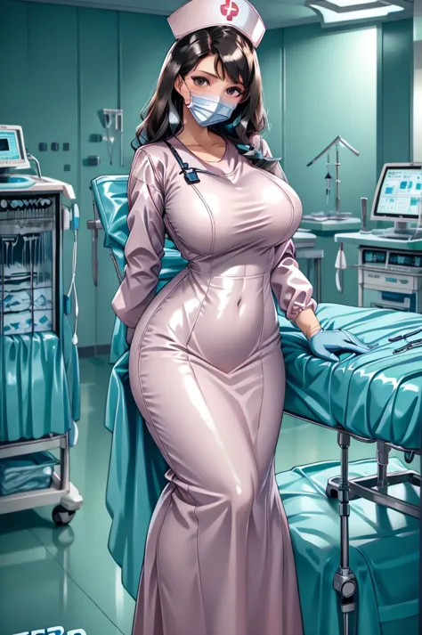 nurse uniform,hospital, latex nurse suit,nurses,busty,elbow gloves,labcoat,black hair woman,pink eyes , gigantic ,medical instru...