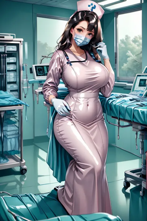 nurse uniform,hospital, latex nurse suit,nurses,busty,elbow gloves,labcoat,black hair woman,pink eyes , gigantic ,medical instru...