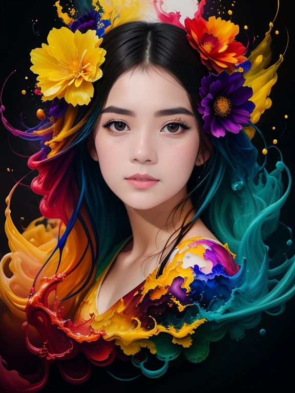 Portrait of a stunningly beautiful teenage girl with flowers ! Flow of black ink , Golden , Blue , yellow , red , purple , green ink , the whole range of colors of paints , photorealistic masterpiece in 8k resolution , complex detailed painting with liquid gouache , calligraphy , acrylic, watercolor art, Professional photography, daylight, Volumetric lighting maximalist photo illustration ,  concept art in 8K resolution, finely detailed, difficult, elegant, expansive, fantasy. A whirlwind of colors creates a masterpiece ! Portrait of a teenage girl !