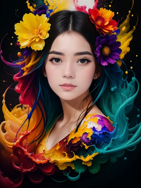 portrait of a stunningly beautiful teenage girl with flowers ! flow of black ink , golden , blue , yellow , red , purple , green...