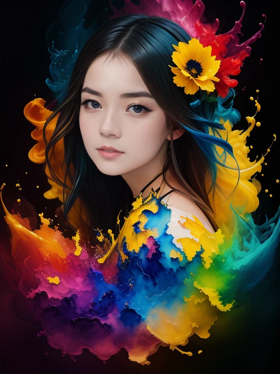 Portrait of a stunningly beautiful teenage girl with flowers ! Flow of black ink , Golden , Blue , yellow , red , purple , green ink , the whole range of colors of paints , photorealistic masterpiece in 8k resolution , complex detailed painting with liquid gouache , calligraphy , acrylic, watercolor art, Professional photography, daylight, Volumetric lighting maximalist photo illustration ,  concept art in 8K resolution, finely detailed, difficult, elegant, expansive, fantasy. A whirlwind of colors creates a masterpiece ! Portrait of a teenage girl !