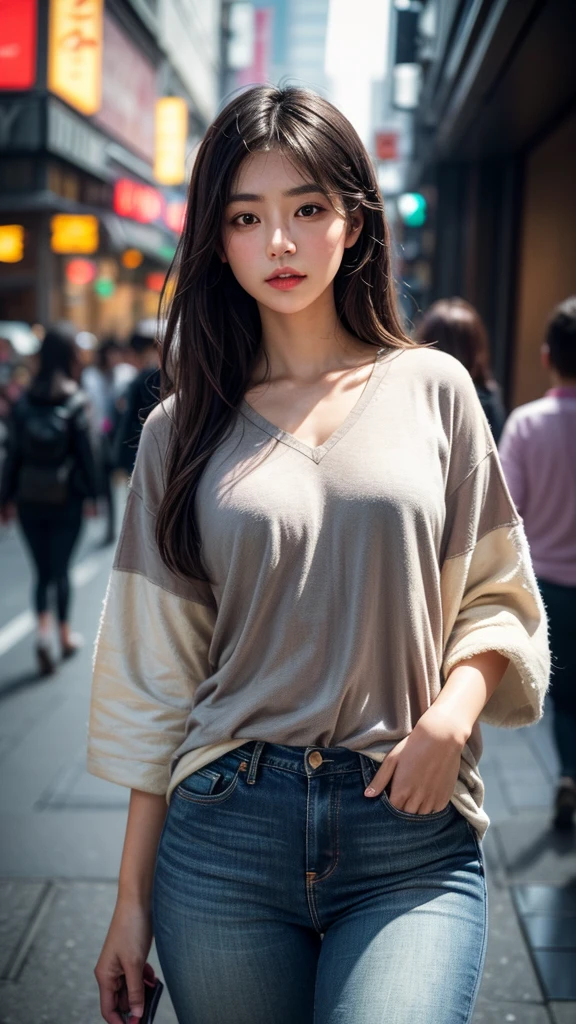 2 girls, epic realistic, (dark shot:1.4), 80mm, Create a portrait of a woman with medium straight dark hair. She has an fashionable expression, gazing at the viewer with a slight tilt of her head. She dresses polo shirt and jeans, The background features Tokyo busy street in the morning, Use a backlighting effect to add depth to the image. impressionistic painting style, john singer sarget, anders zorn, blue pallette, wider show with more background, (natural skin texture, hyperrealism, soft light, sharp:1.2), soft light, sharp, exposure blend, medium shot, bokeh, (hdr:1.4), high contrast, (cinematic, teal and orange:0.85), (muted colors, dim colors, soothing tones:1.3), low saturation, (hyperdetailed:1.2), (noir:0.4), (intricate details:1.12), hdr, (intricate details, hyperdetailed:1.15), faded, (neutral colors:1.2), art, (hdr:1.5), (muted colors:1.1), (pastel:0.2), hyperdetailed, (artstation:1.4), warm lights, dramatic light, (intricate details:1.2), vignette, complex background, 