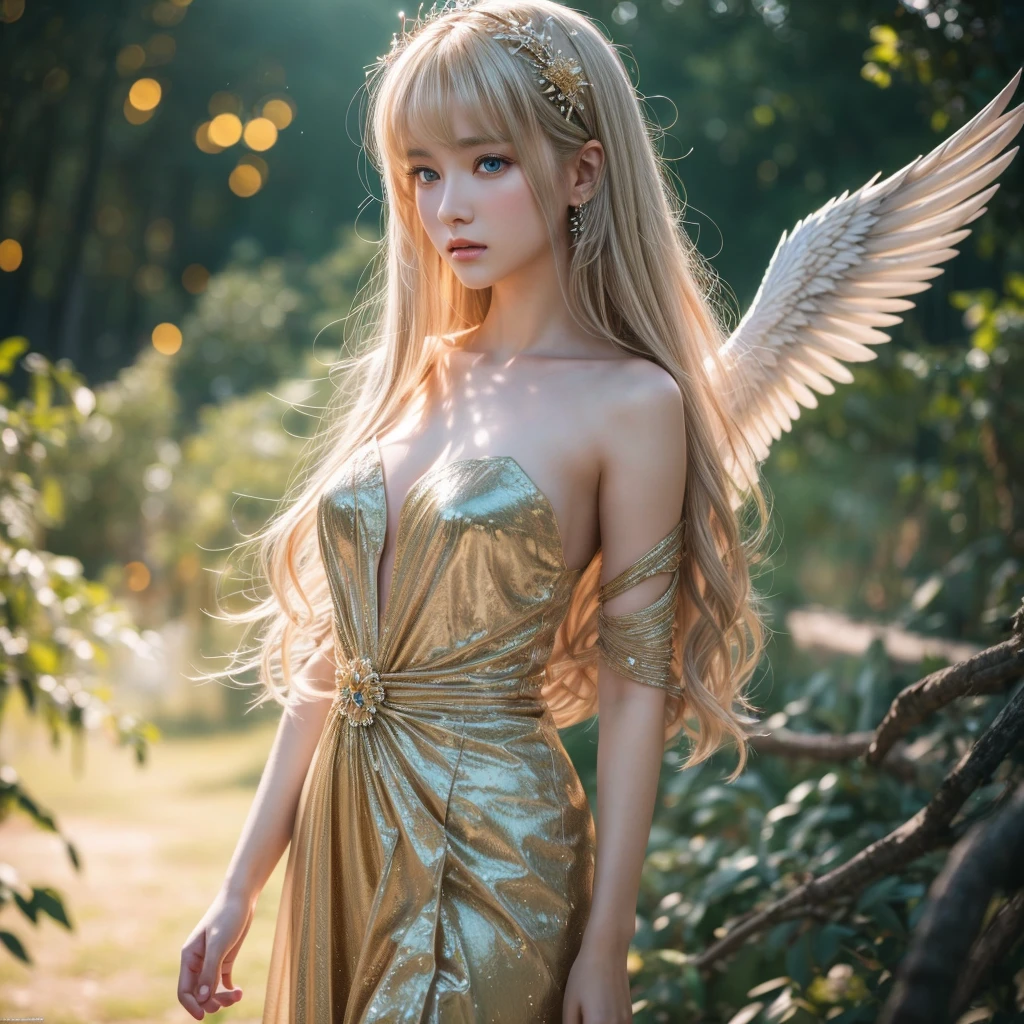 masterpiece, best quality, high quality, extremely detailed CG unit 8k wallpaper,high quality, highly detailed, Imagine a dreamlike scene with a beautifull female angel, she have Golden blonde hair and white longe wings. Longe silver dress and she have powerfull aura, she have Green eyes and gently aspect, Celestia. Full body portrait   award-winning photography, Bokeh, depth of field, HDR, photorealistic, extremely detailed, trend on artstation, trend on CGsociety, Complex, High Detail, dramatic, art by midjourney