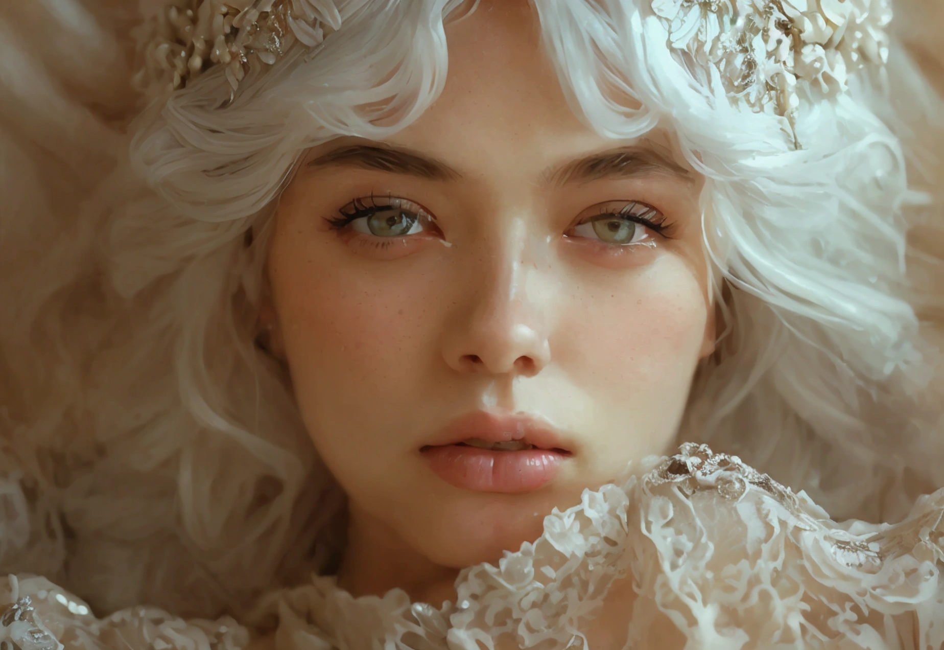 a woman with pastel white hair, sleepy eyes, elegant clothing, 1girl, photorealistic, cinematic lighting, detailed face, detailed eyes,detailed lips,detailed hair, intricate dress design, ornate accessories, soft colors, warm lighting, dreamlike atmosphere, serene expression, high quality, masterpiece