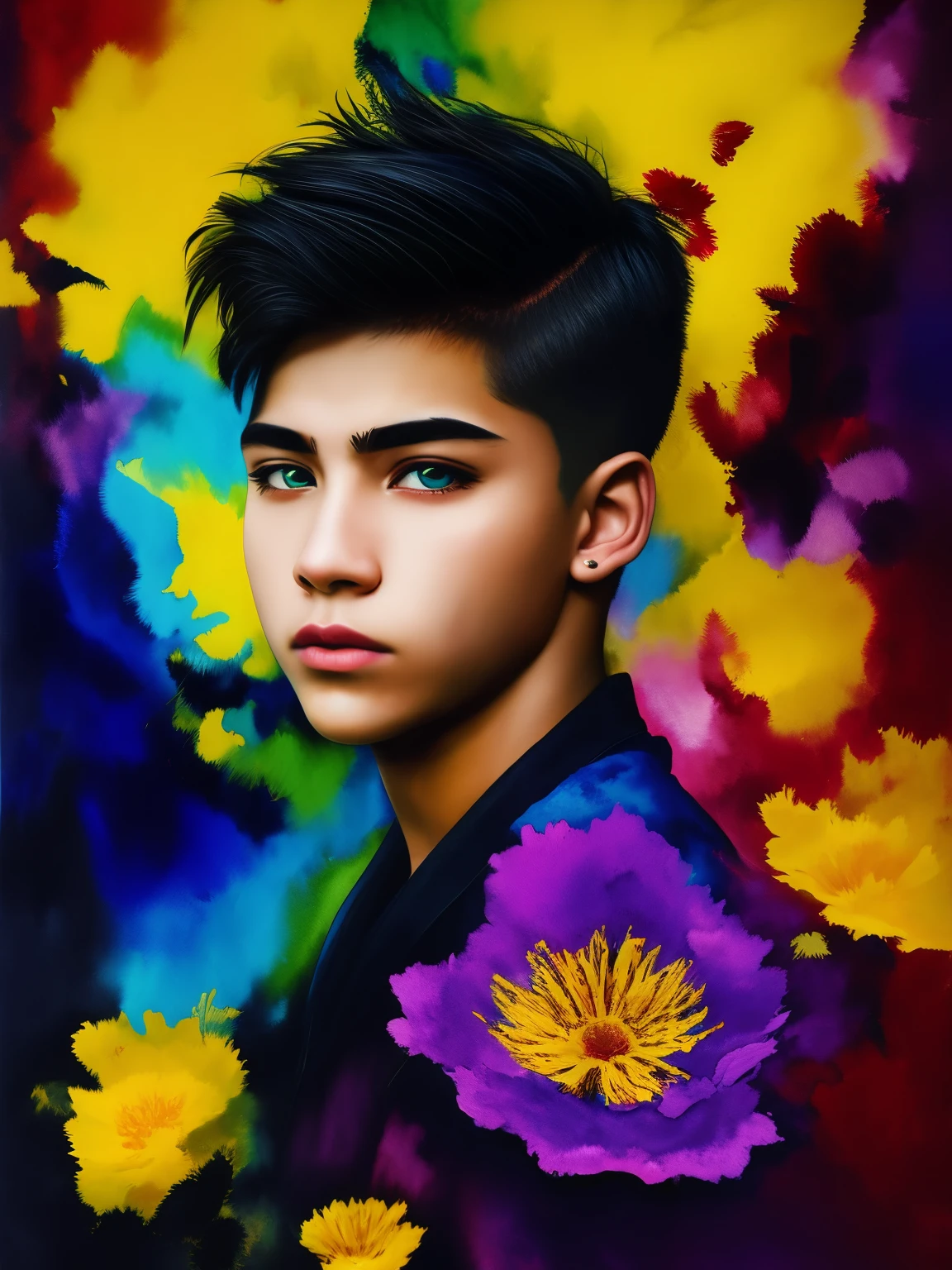 Portrait of a stunningly handsome teenager with flowers ! Flow of black ink , Golden , Blue , yellow , red , purple , green ink , the whole range of colors of paints , photorealistic masterpiece in 8k resolution , complex detailed painting with liquid gouache , calligraphy , acrylic, watercolor art, Professional photography, daylight, Volumetric lighting maximalist photo illustration ,  concept art in 8K resolution, finely detailed, difficult, elegant, expansive, fantasy. A whirlwind of colors creates a masterpiece ! Portrait of a teenage boy !