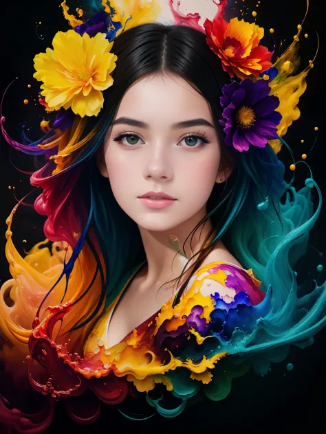 portrait of a stunningly beautiful teenage girl with flowers ! flow of black ink , golden , blue , yellow , red , purple , green...