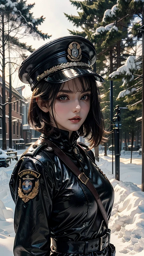 ((Upper Body:1.4)),beautiful ((similar)) Lilith Building posing in (Dynamic pose) As a dieselpunk army officer in World War II, Wearing a black leather uniform 、Wearing a leather military cap, Reference Photo, 最high quality, high quality, (Detailed face and eyes), dusk lighting,, Heavy makeup, industrial use, outdoor snow forest background   ((close))   