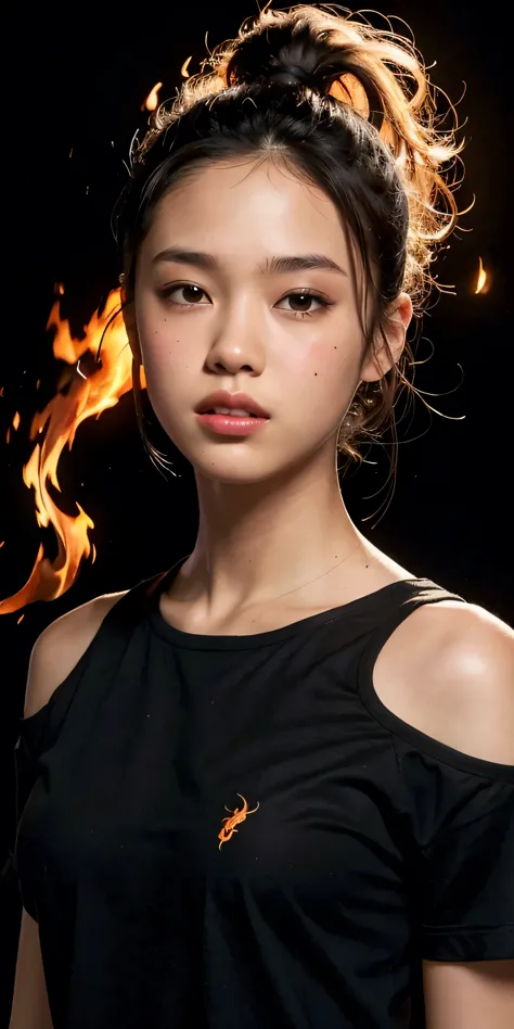 a girl's sloppy appearance mulatto with ponytail black hair, fire, black t-shirt, flames, elegant, digital painting, concept art...