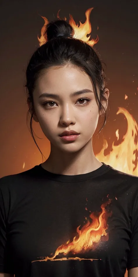 a girl's sloppy appearance mulatto with ponytail black hair, fire, black t-shirt, flames, elegant, digital painting, concept art...