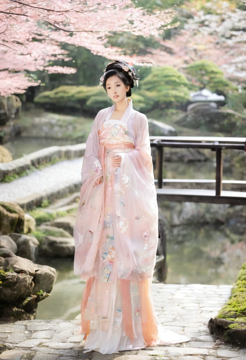 face and thigh), 1girl, (picture of a person wearing a modern hanfu), "with a fusion of traditional Chinese elements and contemporary fashion", (Hanfu costume), (Hanfu dress), in pastel colors, made of silk and lace, large breasts, mole, blurry backgroundGarden in Kanazawa with its famous stone lantern and tranquil ponds. In the background, the imposing Kanazawa Castle rises above the trees, and nearby, a traditional tea ceremony is taking place in a historic teahouse.