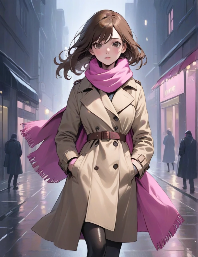 Masterpiece, hd, 1girl with long brown hair wearing a fully buttoned up closed and beige belted buckle knee-length trench coat with by a tucked up large pink winter wool scarf and white gloves carrying her large pink purse blown by the hard wind at the hard rainy night city street full body 8k)