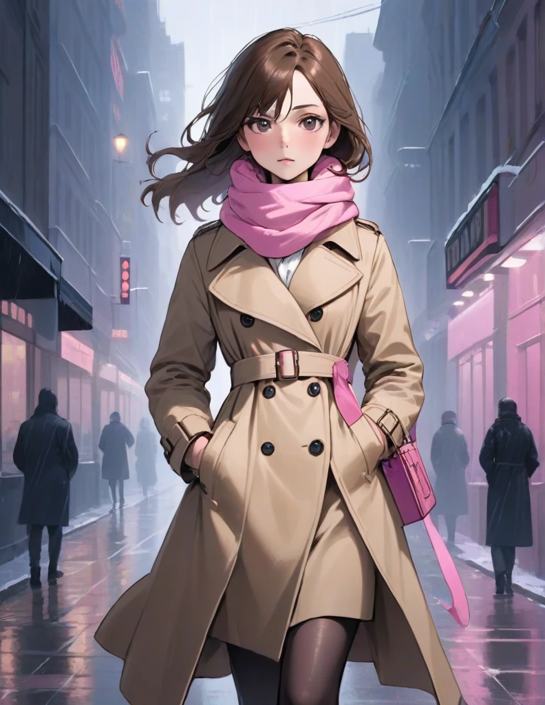 Masterpiece, hd, 1girl with long brown hair wearing a fully buttoned up closed and beige belted buckle knee-length trench coat with by a tucked up large pink winter wool scarf and white gloves carrying her large pink purse blown by the hard wind at the hard rainy night city street full body 8k)