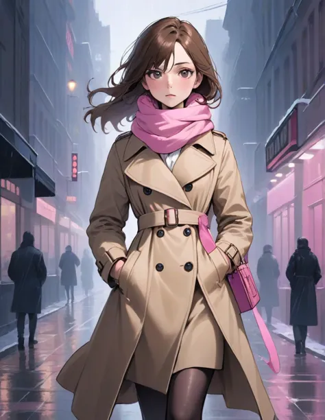 masterpiece, hd, 1girl with long brown hair wearing a fully buttoned up closed and beige belted buckle knee-length trench coat w...