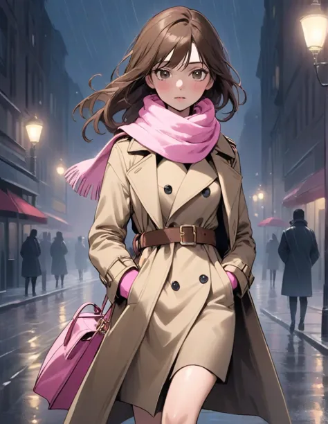 masterpiece, hd, 1girl with long brown hair wearing a fully buttoned up closed and beige belted buckle knee-length trench coat w...