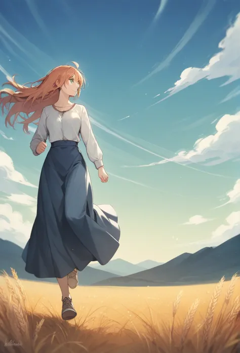 1 girl, solitary, orange long hair, running, (tall wheat fields), turn around, emerald eyes, blue long skirt, middle ages, middl...