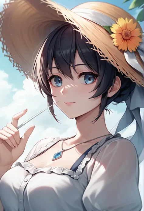 a long-haired black anime girl wearing a straw hat, anime style 4k, beautiful anime portrait, anime cute art style, anime art wa...