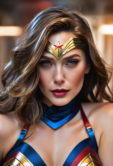 sexy superheroine wavy wonder woman portrait photography by artgerm, in the style of realism, glistening skin, cartooncore, mang...