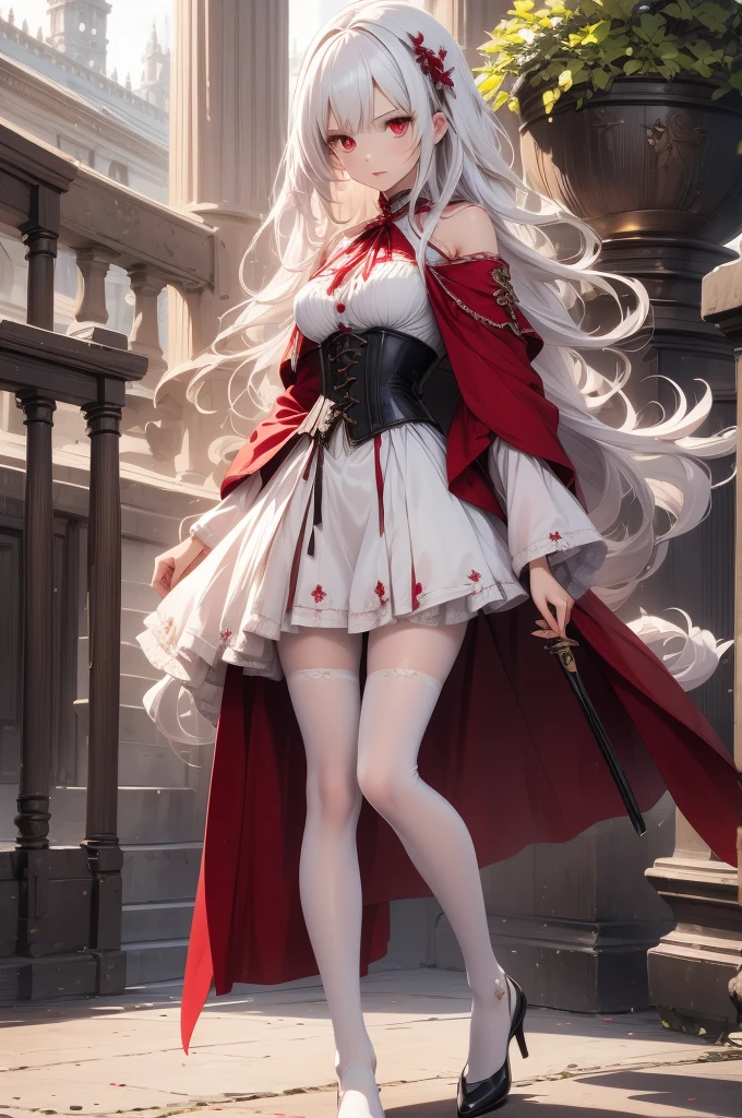 Girl, so beautiful,beauty, Red Eyes, Western clothing, White clothes, Red Cape, Holding a sword, Silver Hair,Long Hair, whole body, shoes, Simple Background、View from the front、 so beautiful, One person, cute, Long sword、mini skirt、Two Legs,Facing forward,Are standing,Well-formed face、corset、Decorative clothing、Highly detailed face、Perfect lighting、Extremely detailed CG、(Perfect hands、Perfect Anatomy)、Dynamic pose、