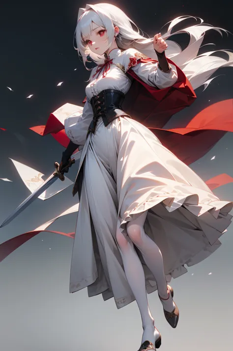 girl, so beautiful,beauty, red eyes, western clothing, white clothes, red cape, holding a sword, silver hair,long hair, whole bo...