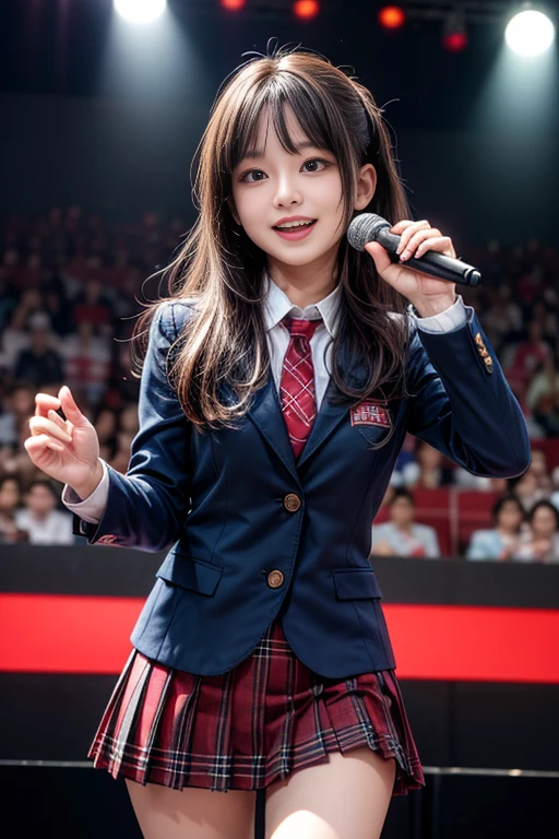 ​(realistic, photo-realistic), (masterpiece, best quality), high resolution, intricate details, extremely detailed, sharp focus, looking at the viewer, solo, 1girl, an idol group member, (AKB48-style costume), (navyblue blazer with red trim on cuffs and red collar lining, emblem, white collared shirt, tie:1.2), (red miniskirt, tartan check plaid skirt, pleated skirt:1.3), kawaii, cute face, big smile, holding a microphone and singing, dynamic lighting, cinematic lighting, professional lighting, pale skin, detailed face, detailed  eyes, beautiful pupils, sophisticated nose, photo background, indoors, the concert venue, audience in background,