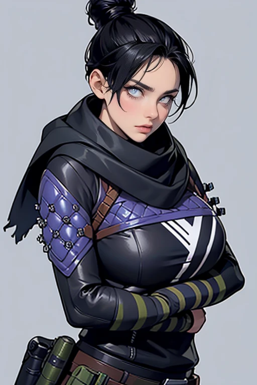 Foto de corpo inteiro, wraith (apex legends), Breasts huge, athletic body, 1 girl, solo, hair bun simples, hair bun, scarf, holding, breasts big, Bblack hair, black scarf, breasts big, blue colored eyes, bangss, bangss distributed, Hair behind the ear, mitts, piercing no nariz, mitts pretas