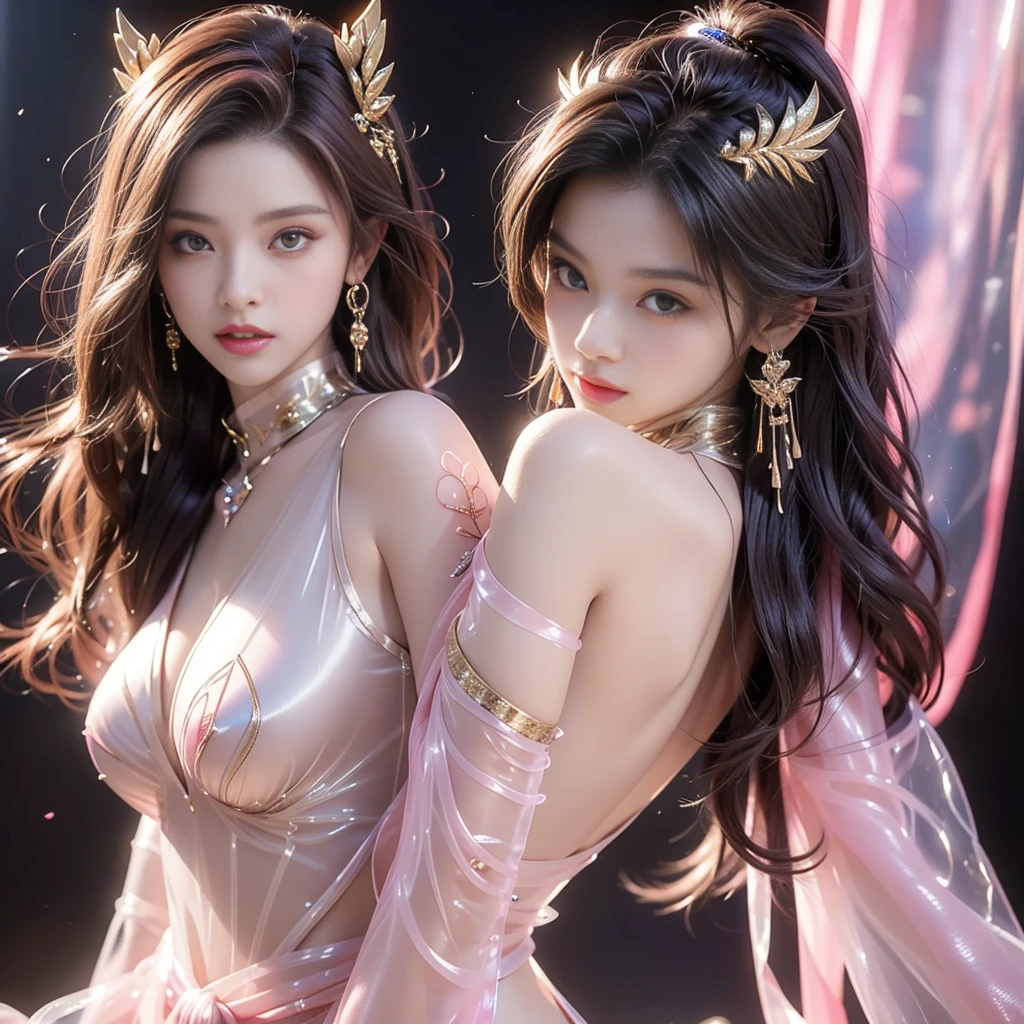 (2girls, 15yo Korea girls),yuri, 2girls, (kiss), (female masturbation:1.5),handcuffs, leg cuffs, collar, linked collar, skindantation, shy, red cheek, in cave, Realistic:1.2),shenzi,long hair,(pink hair:1.2),purple eyes,(very long hair:1.4),separated sleeves,jewelry,wide_sleeves,(hair_ornament:1.4),( nsfw, breasts out, puffy nipples), ((cum)), ((cum in pussy)), , one mole under eye, glowing eyes, piercing eyes,(hiqcgbody:0.3), (hiqcgface:0.3), epic, (royal palace), royal, ((rich, prestige)),(((Ultra-thin silk transparent sexy clothes:1.3))),pussy, pussy juice(There is white viscous liquid flowing out of the vulva:1.3),(sexual behaviour :1.5 ,(masterpiece, realistic, photo-realistic:1.2), finely detail, ultra high res, perfect anatomy, best quality, 8K, soft focus,((masterpiece, best quality)),utifully detailed face,ultra realistic 8k cg, charming, seductive, erotic, alluring, enchanting, deity, jewelry